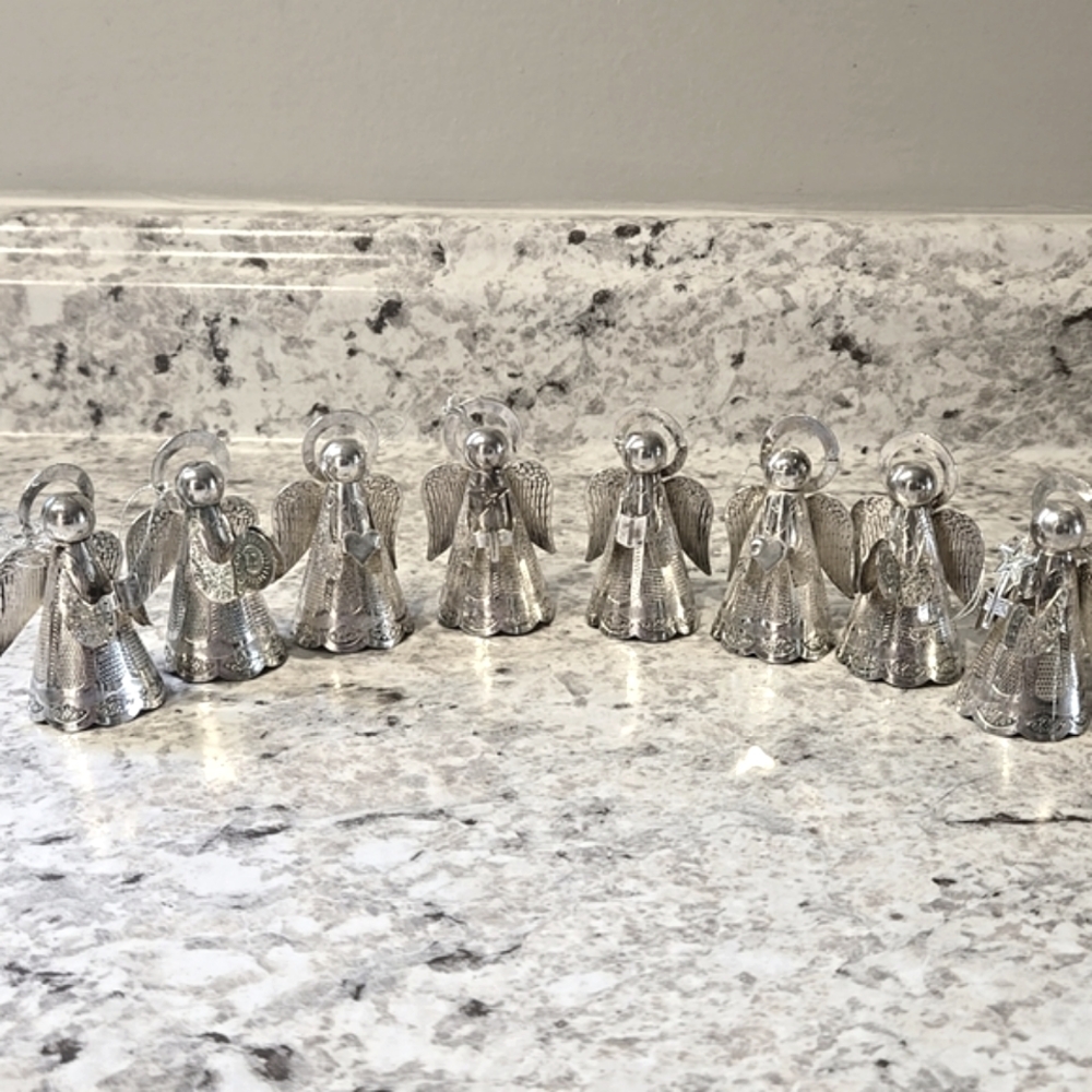 Set of 8 Silver Plated Angel Ornaments Made In Italy